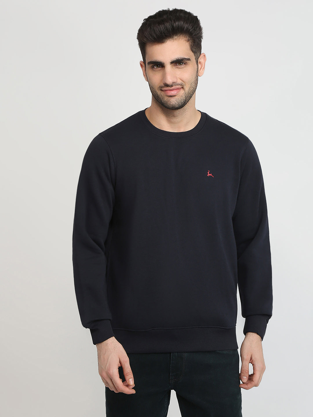 Parx Men Blue Solid Regular Fit Cotton Blend Full Sleeve Round Neck Collar Sweatshirt