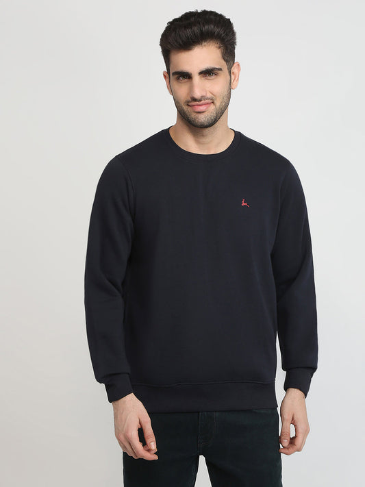 Parx Men Blue Solid Regular Fit Cotton Blend Full Sleeve Round Neck Collar Sweatshirt
