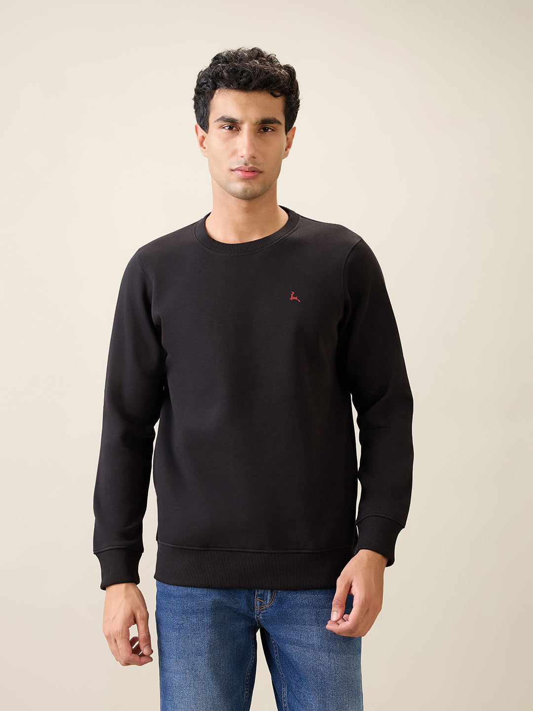 Parx Men Black Solid Regular Fit Cotton Blend Full Sleeve Round Neck Collar Sweatshirt