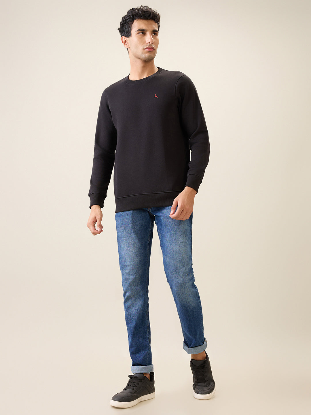 Parx Men Black Solid Regular Fit Cotton Blend Full Sleeve Round Neck Collar Sweatshirt