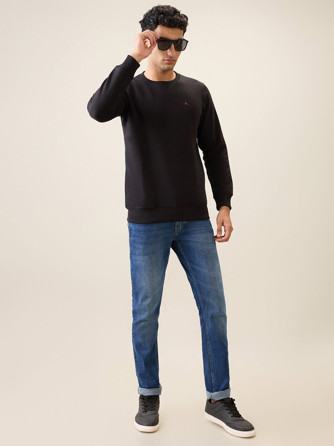 Parx Men Black Solid Regular Fit Cotton Blend Full Sleeve Round Neck Collar Sweatshirt