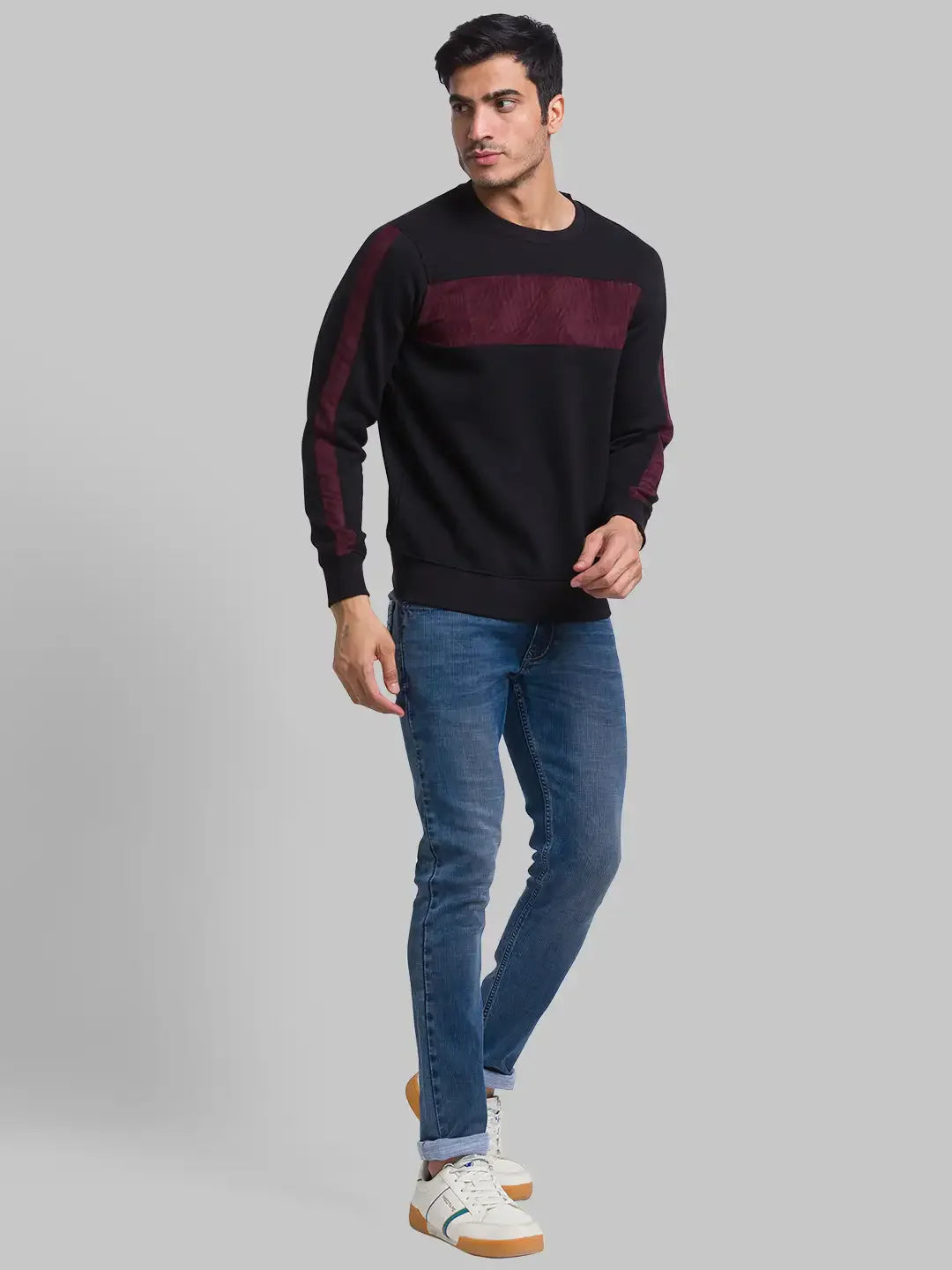 Men Black Regular Fit Cut & Sew Cotton Polyester Blend Round Collar Sweatshirts