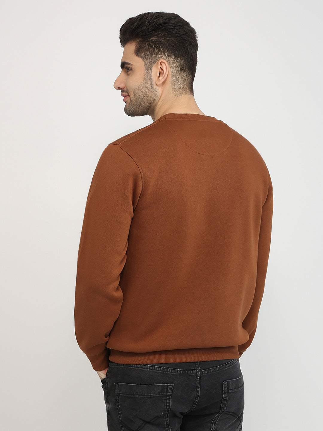 Parx Men Orange Solid Regular Fit Cotton Blend Full Sleeve Round Neck Collar Sweatshirt