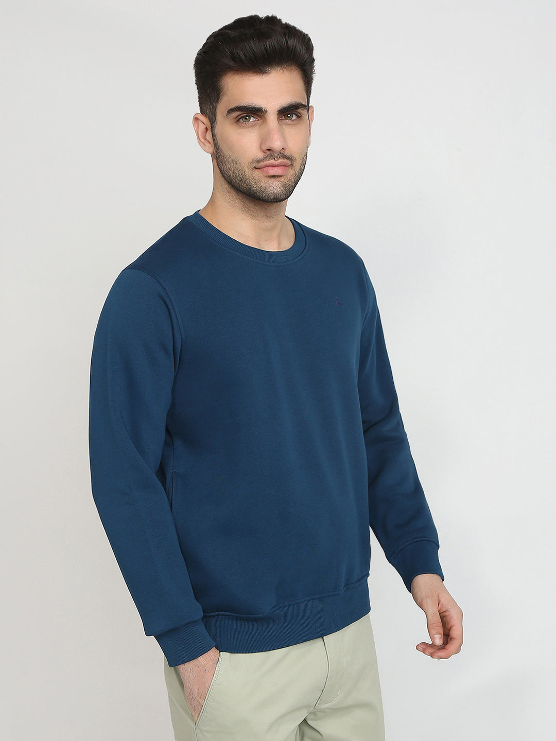 Parx Men Blue Solid Regular Fit Cotton Blend Full Sleeve Round Neck Collar Sweatshirt