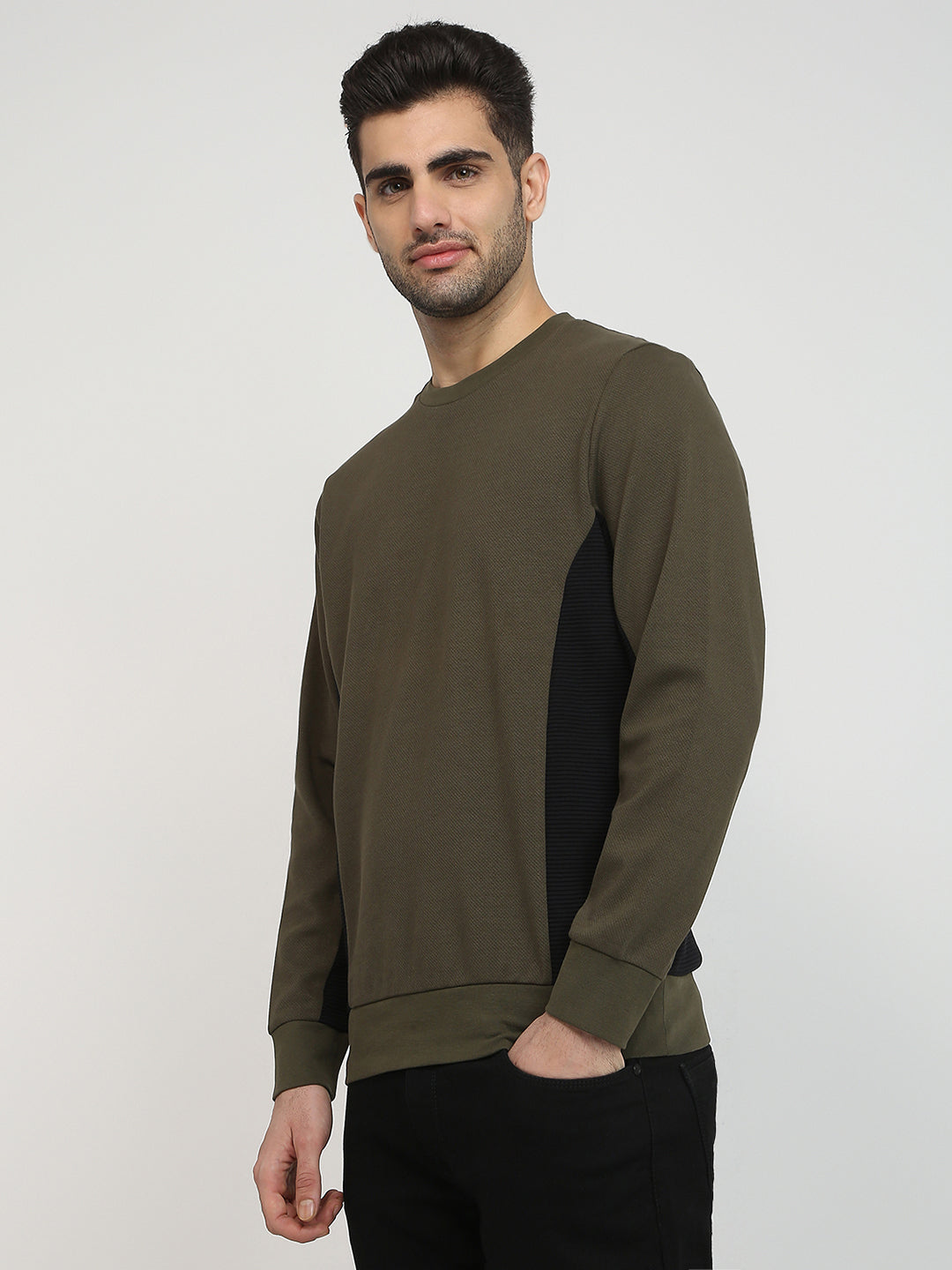 Parx Men Green Structure Regular Fit Cotton Blend Full Sleeve Round Neck Collar Sweatshirt