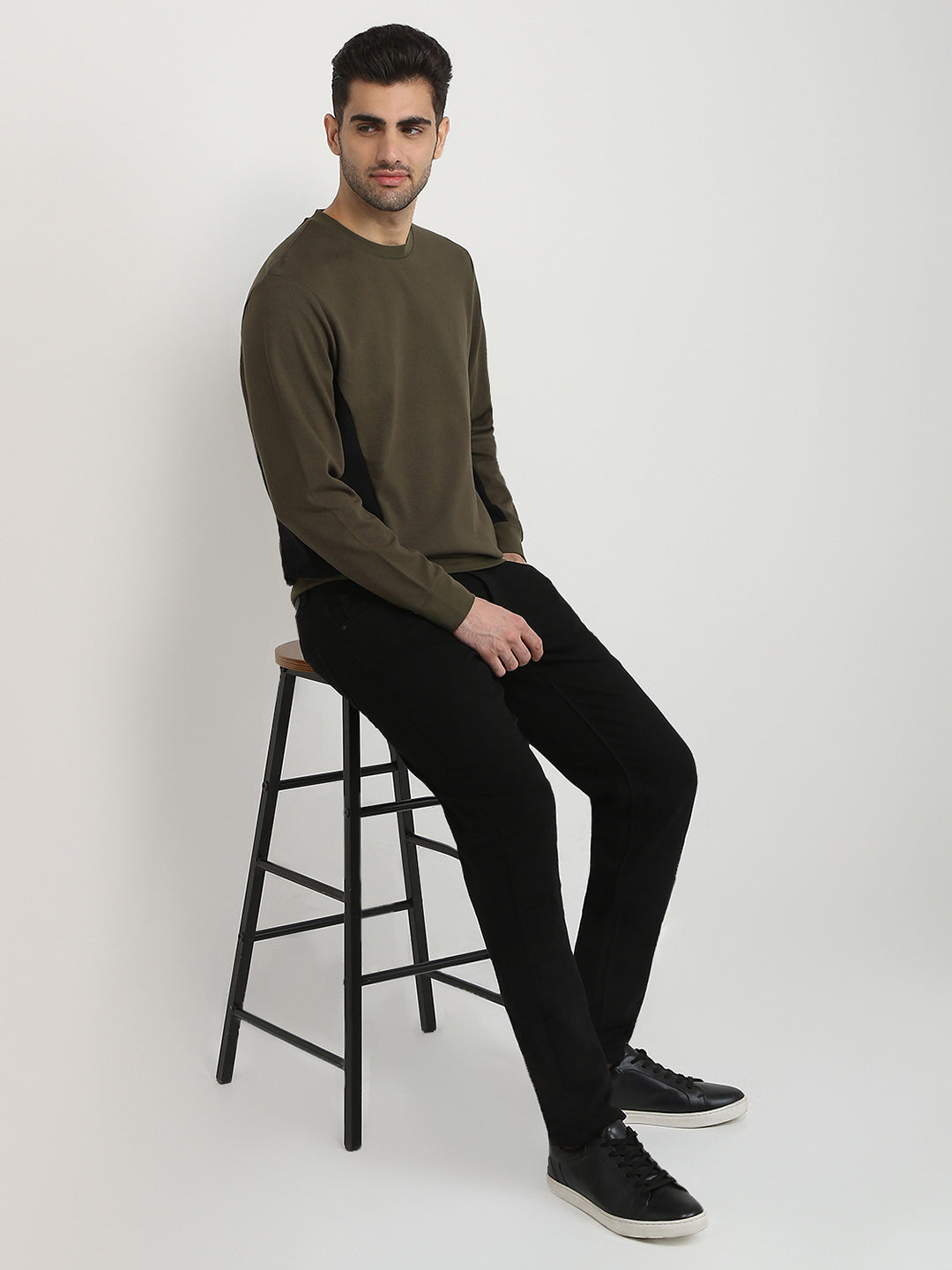 Parx Men Green Structure Regular Fit Cotton Blend Full Sleeve Round Neck Collar Sweatshirt