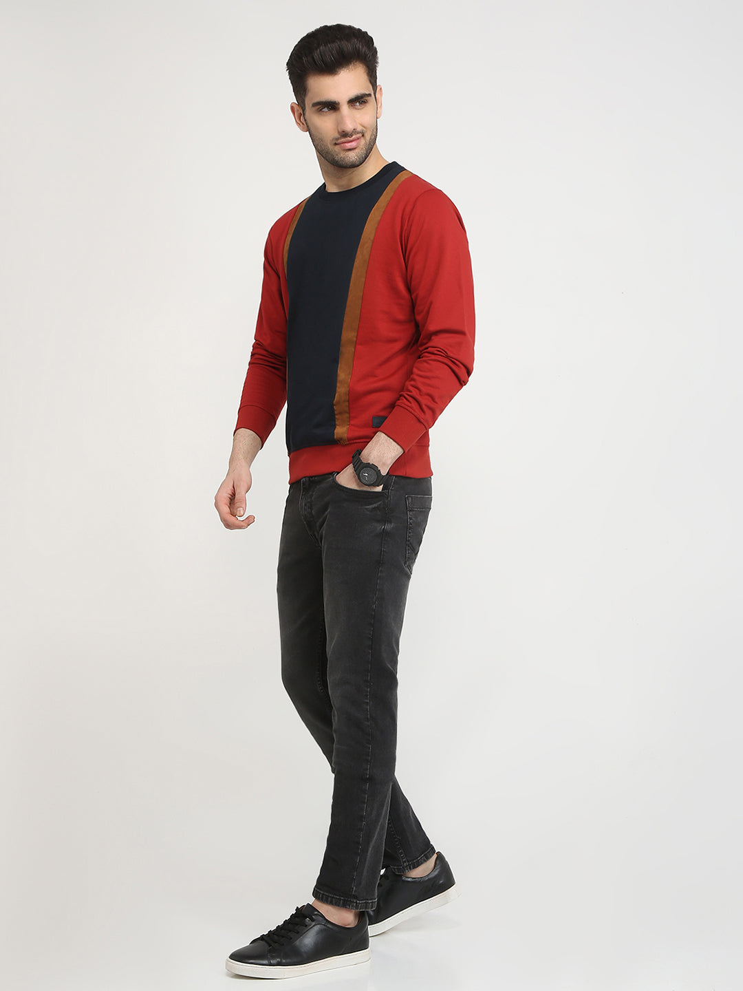 Parx Men Orange Cut & Sew Regular Fit Cotton Blend Full Sleeve Round Neck Collar Sweatshirt