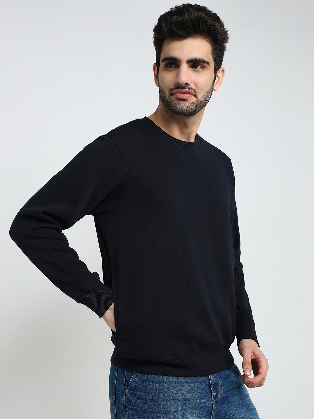 Parx Men Blue Solid Regular Fit Cotton Blend Sweatshirt