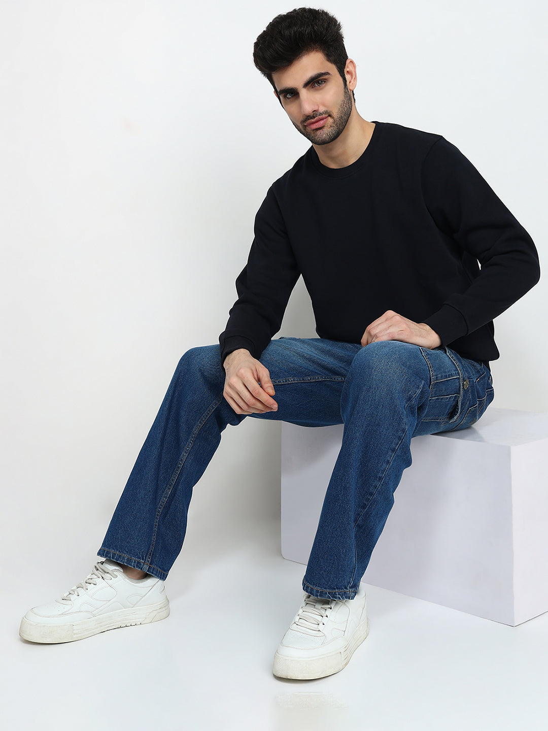 Parx Men Blue Solid Regular Fit Cotton Blend Sweatshirt