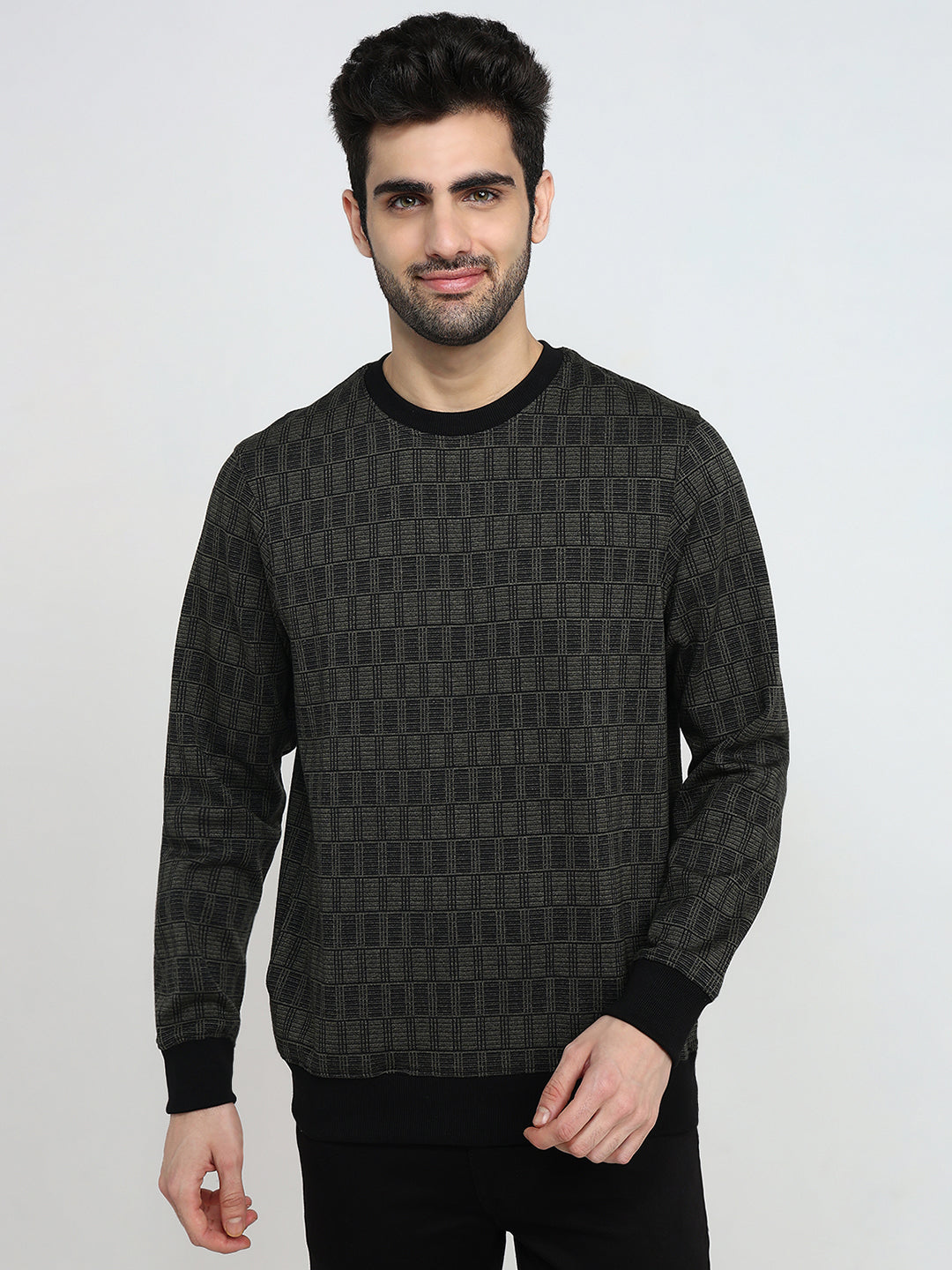 Parx Men Green Checks Regular Fit Polyester Sweatshirt