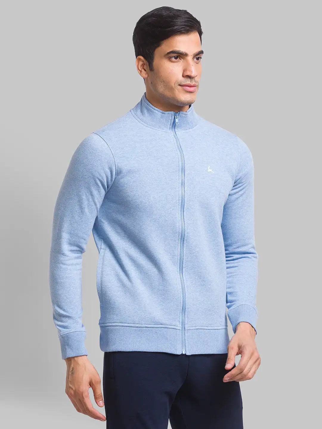 Men Blue Regular Fit Solid Cotton Polyester Blend Sweatshirts
