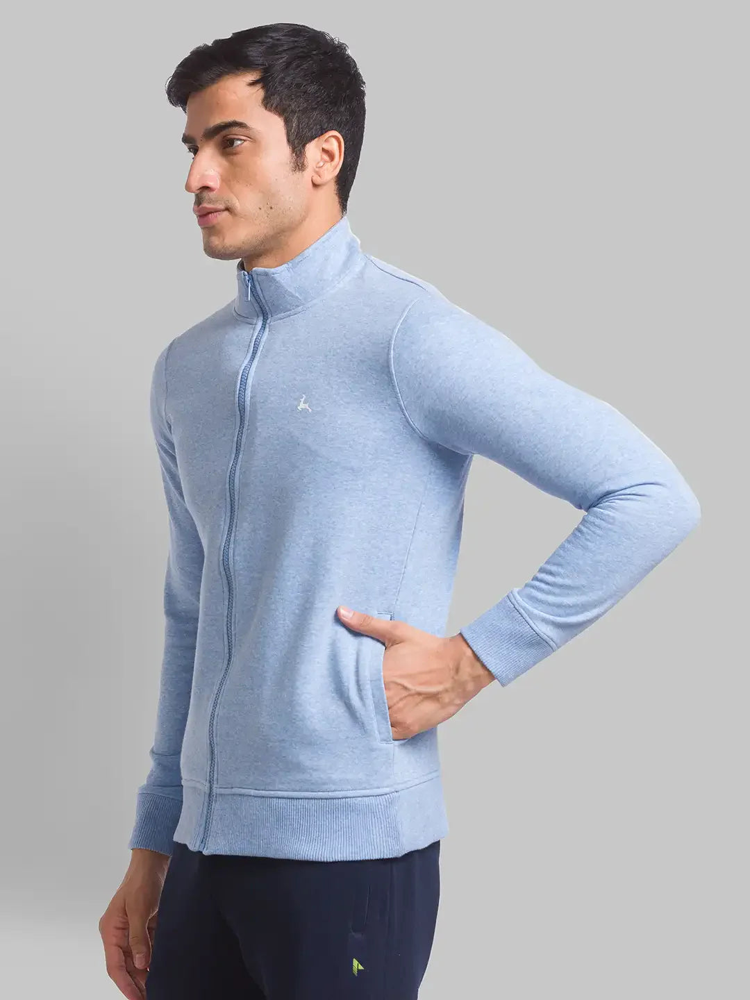Men Blue Regular Fit Solid Cotton Polyester Blend Sweatshirts