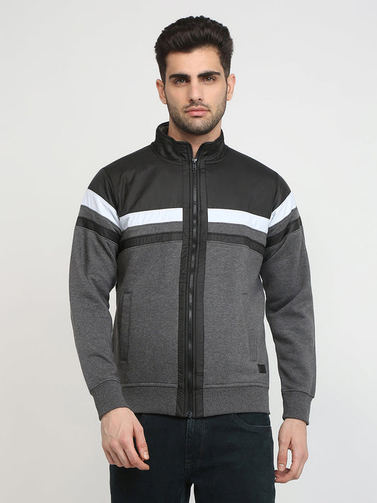 Parx Men Grey Cut & Sew Regular Fit Cotton Blend Full Sleeve High Neck Collar Sweatshirt