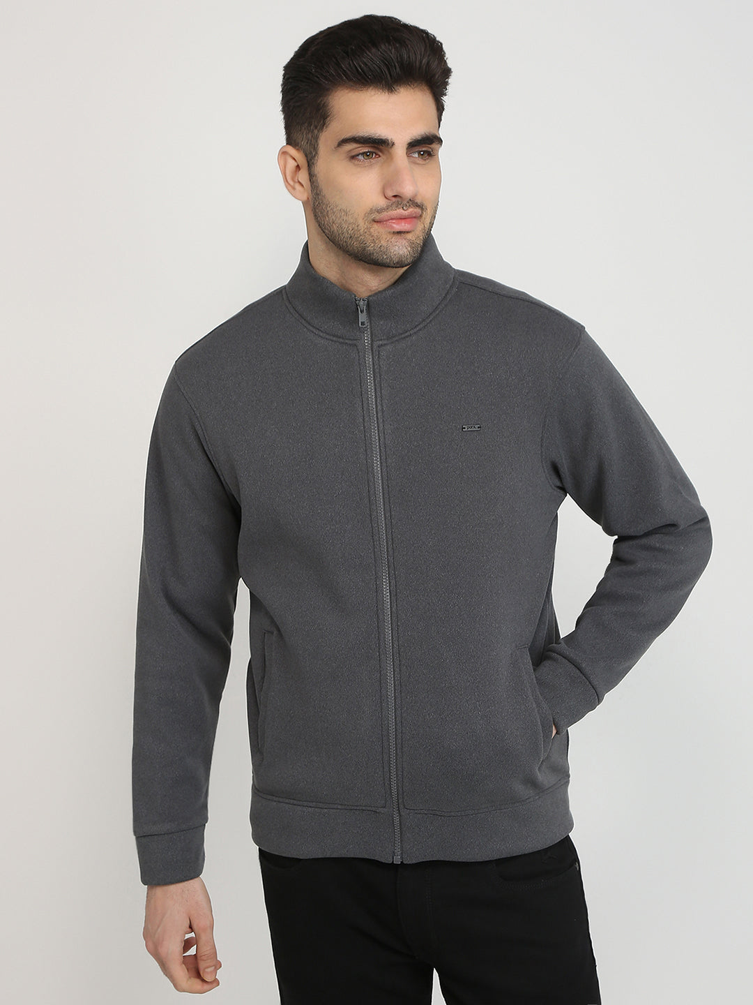 Parx Men Grey Solid Regular Fit Polyester Blend Full Sleeve High Neck Collar Sweatshirt