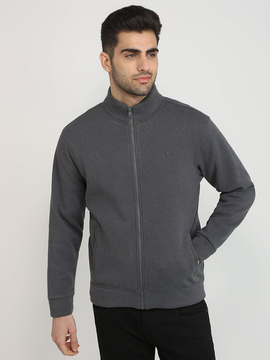 Parx Men Grey Solid Regular Fit Polyester Blend Full Sleeve High Neck Collar Sweatshirt