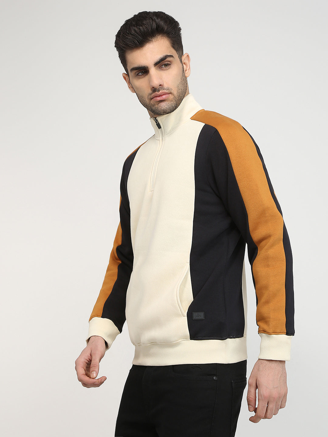 Parx Men Yellow Cut & Sew Regular Fit Cotton Blend Full Sleeve High Neck Collar Sweatshirt