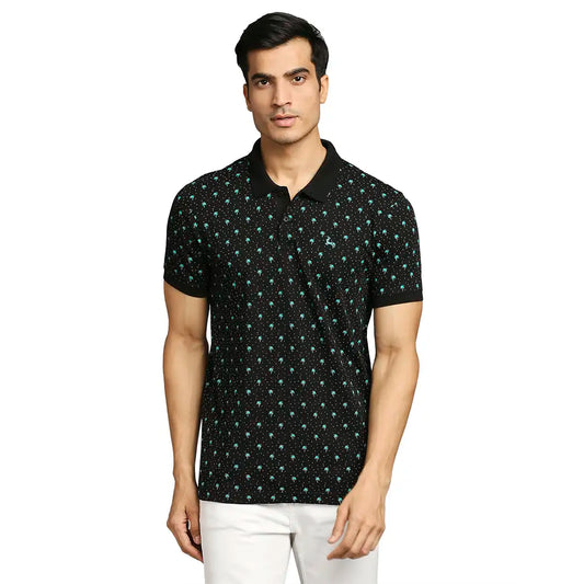 Men Black Regular Fit Print Cotton Round Neck Collar Polo T-Shirt