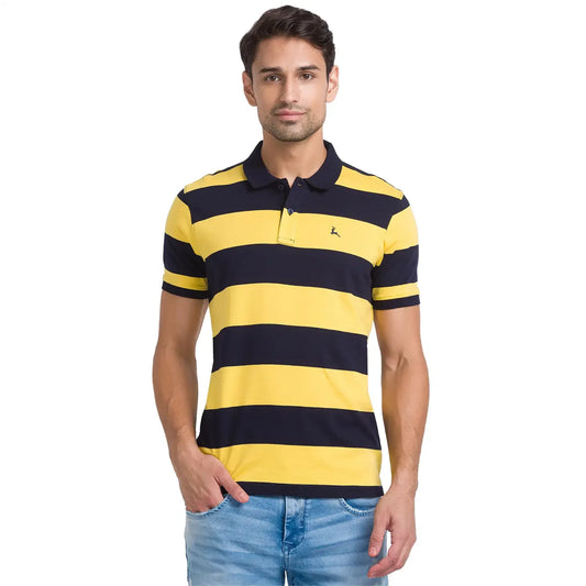 Men Yellow Regular Fit Yarn Dyed Cotton Round Neck Collar Polo T-Shirt