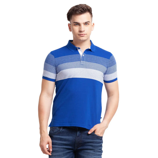 Men Blue Regular Fit Jacquard Cotton Round Neck Collar Polo T-Shirt