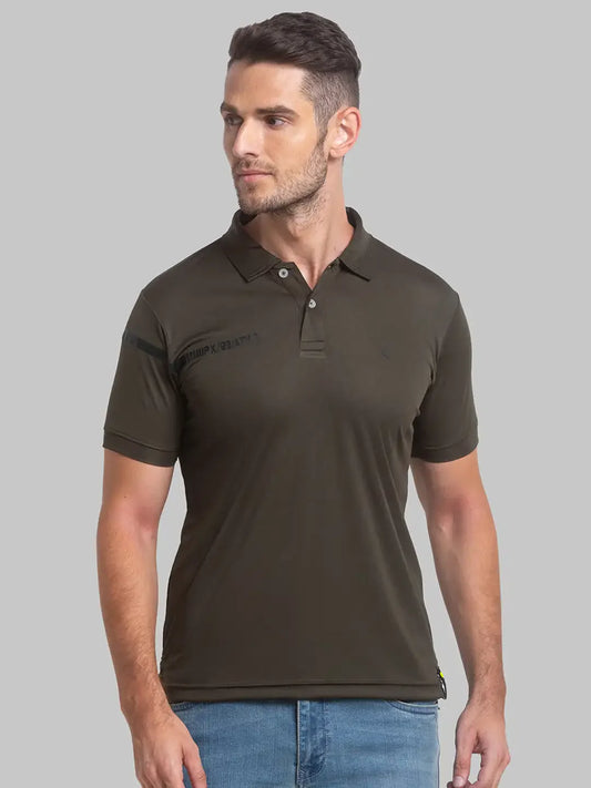 Men Green Regular Fit Solid Polyester Round Neck Collar Polo T-Shirt