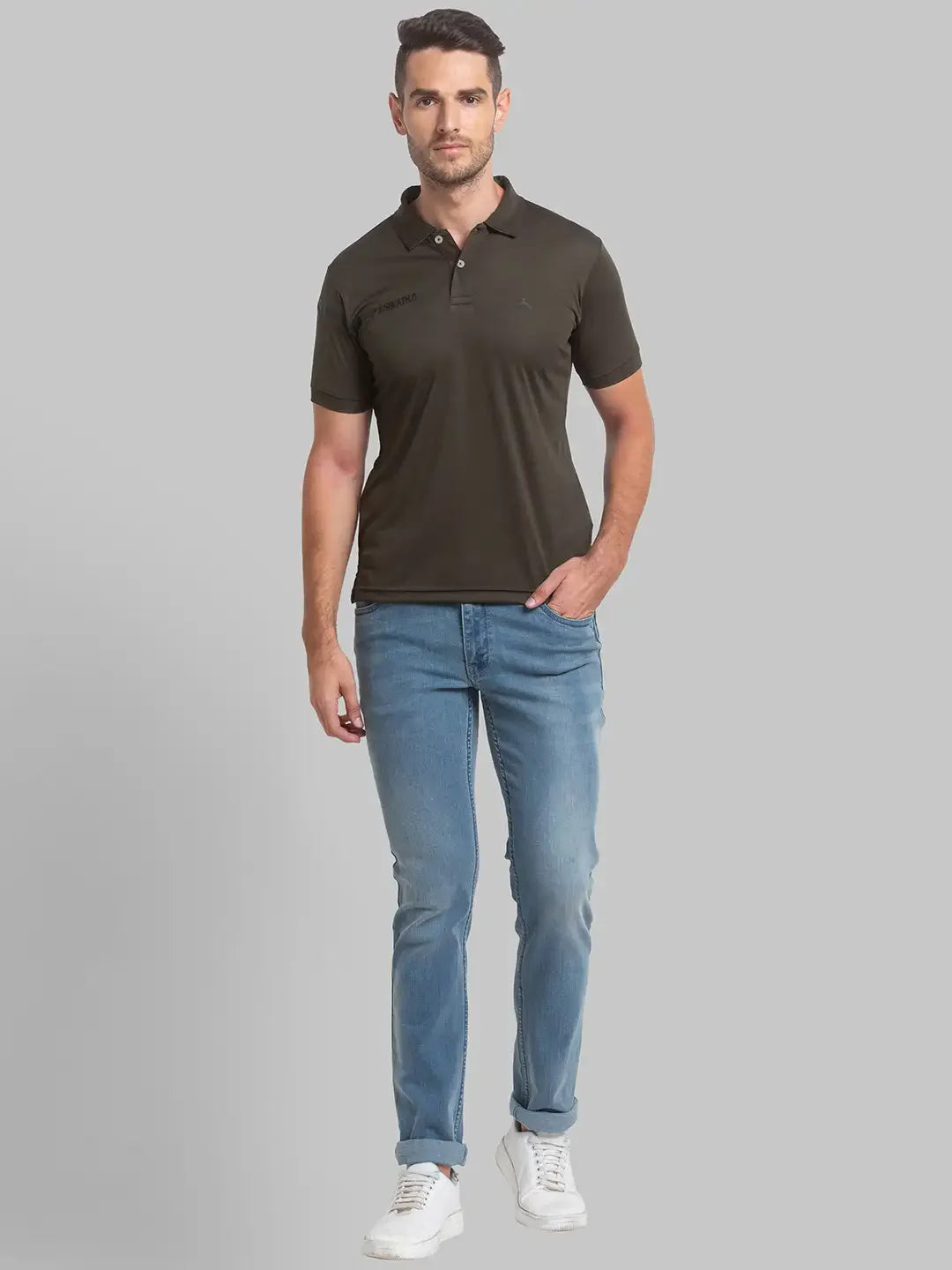 Men Green Regular Fit Solid Polyester Round Neck Collar Polo T-Shirt