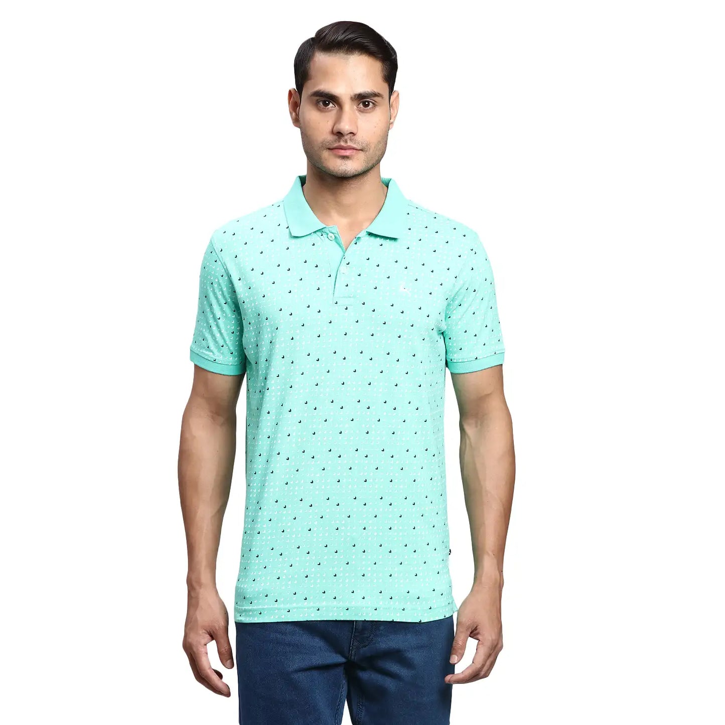 Men Green Regular Fit Print Cotton Round Neck Collar Polo T-Shirt