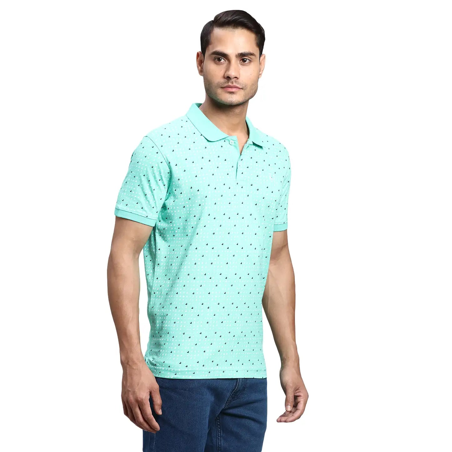 Men Green Regular Fit Print Cotton Round Neck Collar Polo T-Shirt