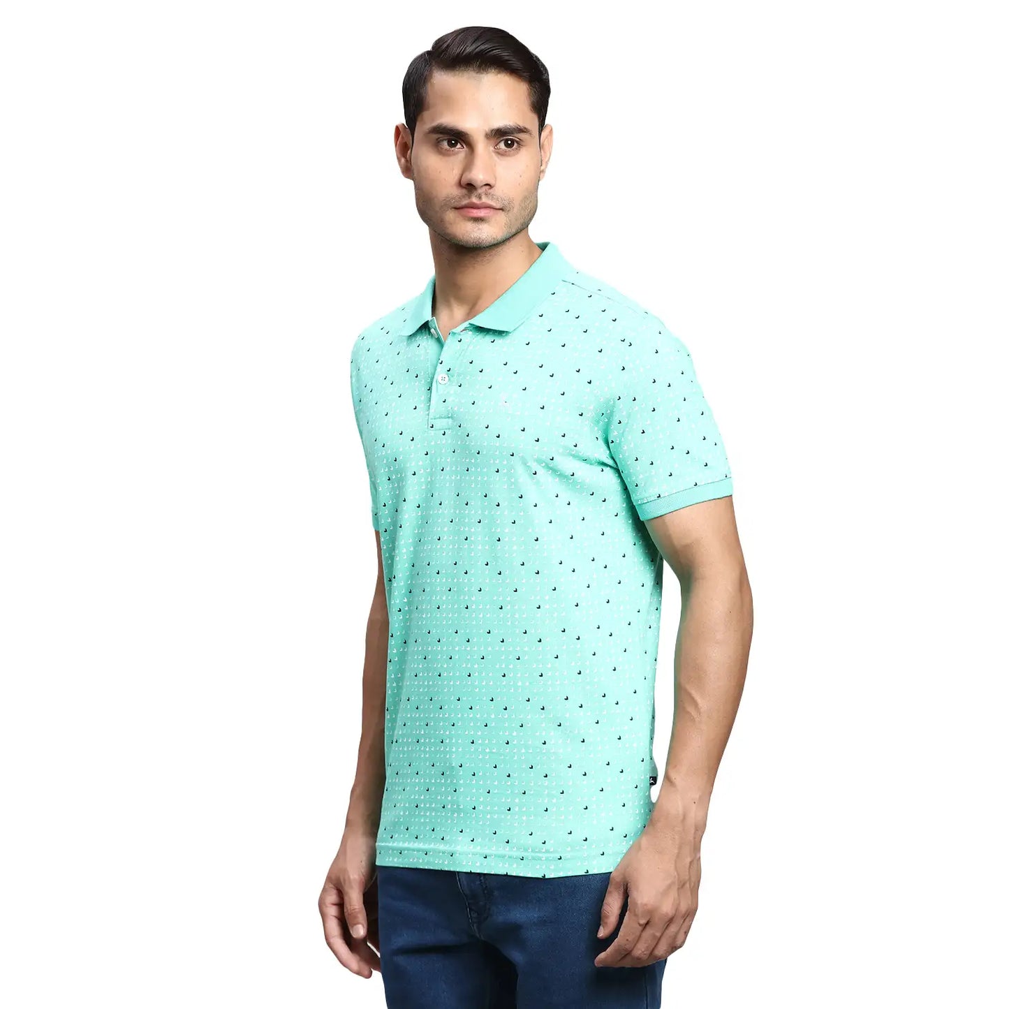 Men Green Regular Fit Print Cotton Round Neck Collar Polo T-Shirt