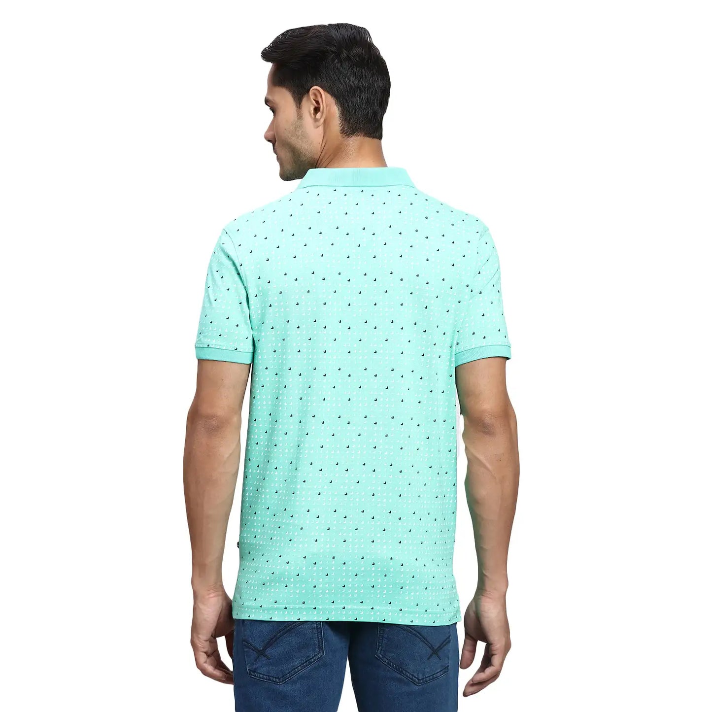 Men Green Regular Fit Print Cotton Round Neck Collar Polo T-Shirt