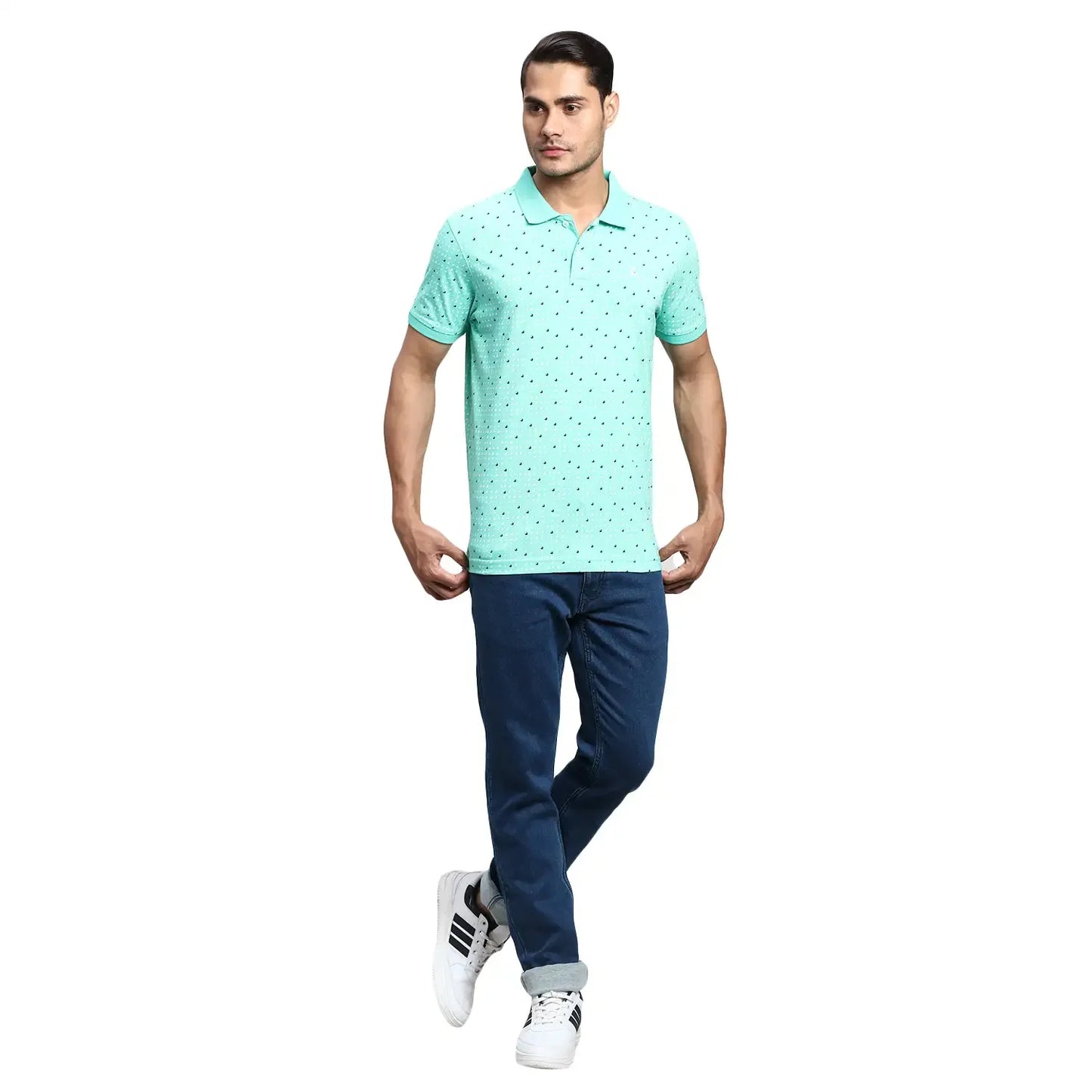 Men Green Regular Fit Print Cotton Round Neck Collar Polo T-Shirt