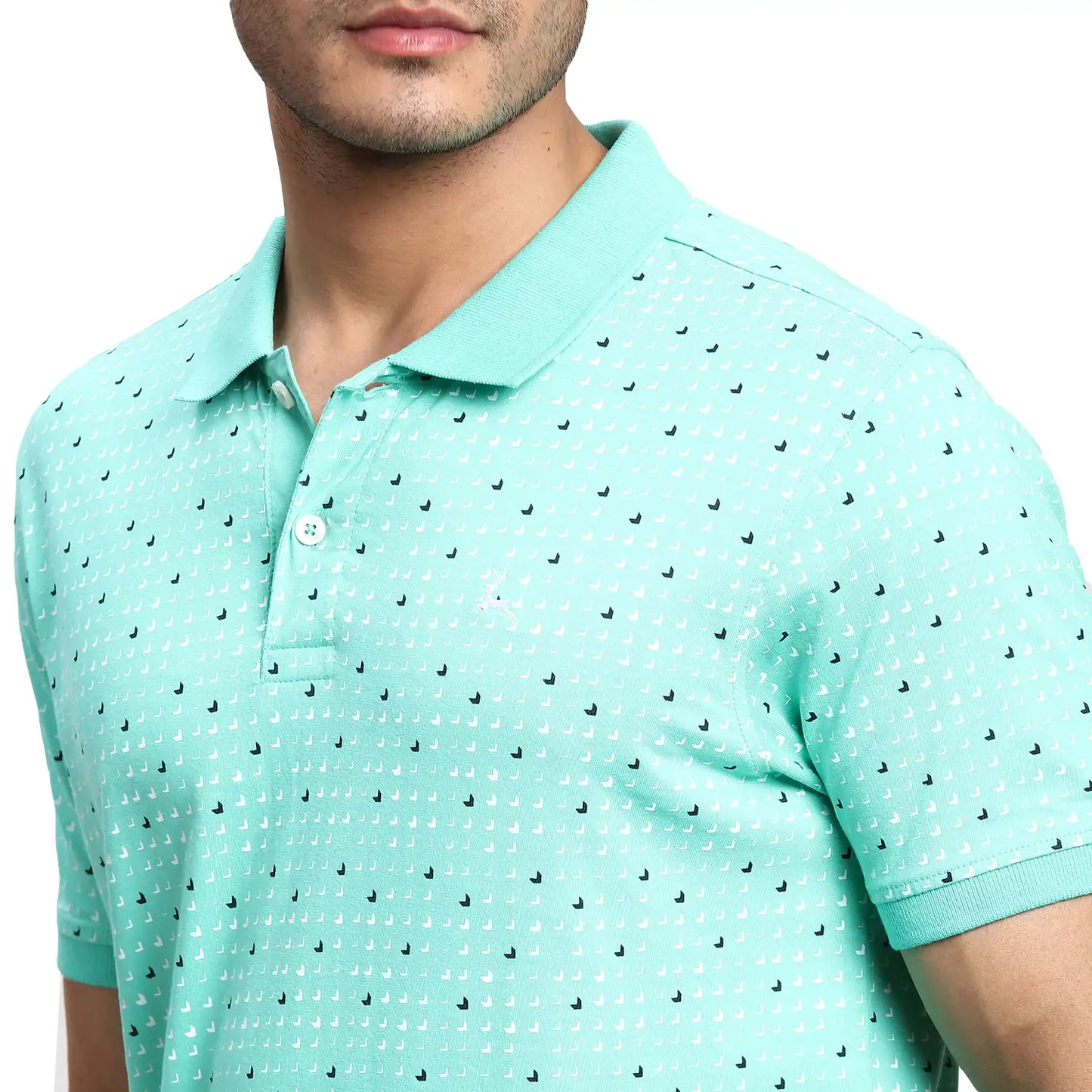 Men Green Regular Fit Print Cotton Round Neck Collar Polo T-Shirt