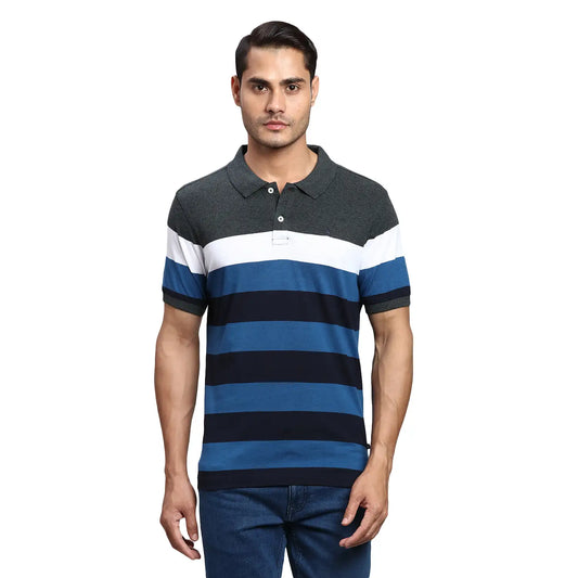 Men Grey Regular Fit Yarn Dyed Cotton Round Neck Collar Polo T-Shirt