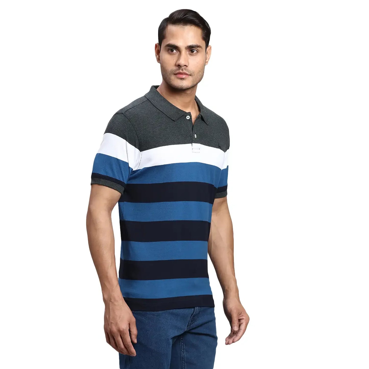 Men Grey Regular Fit Yarn Dyed Cotton Round Neck Collar Polo T-Shirt