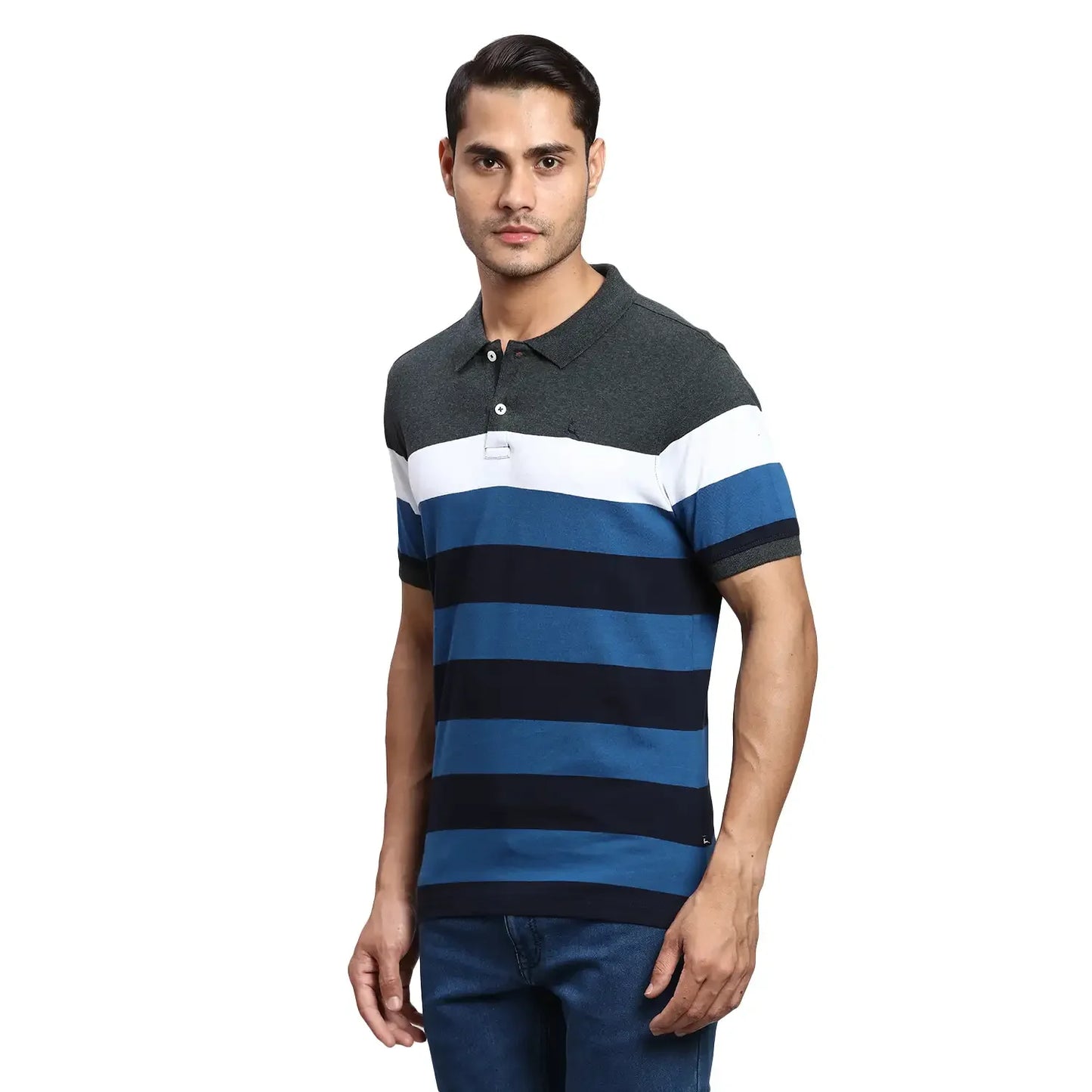 Men Grey Regular Fit Yarn Dyed Cotton Round Neck Collar Polo T-Shirt