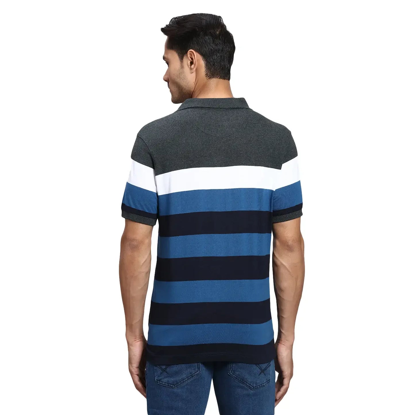 Men Grey Regular Fit Yarn Dyed Cotton Round Neck Collar Polo T-Shirt