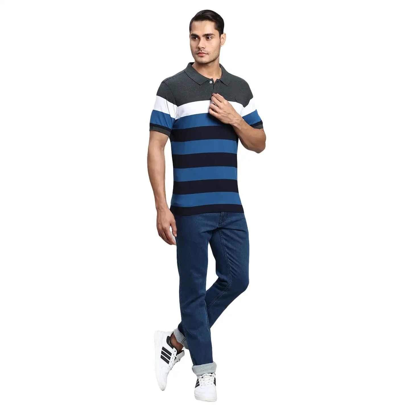 Men Grey Regular Fit Yarn Dyed Cotton Round Neck Collar Polo T-Shirt