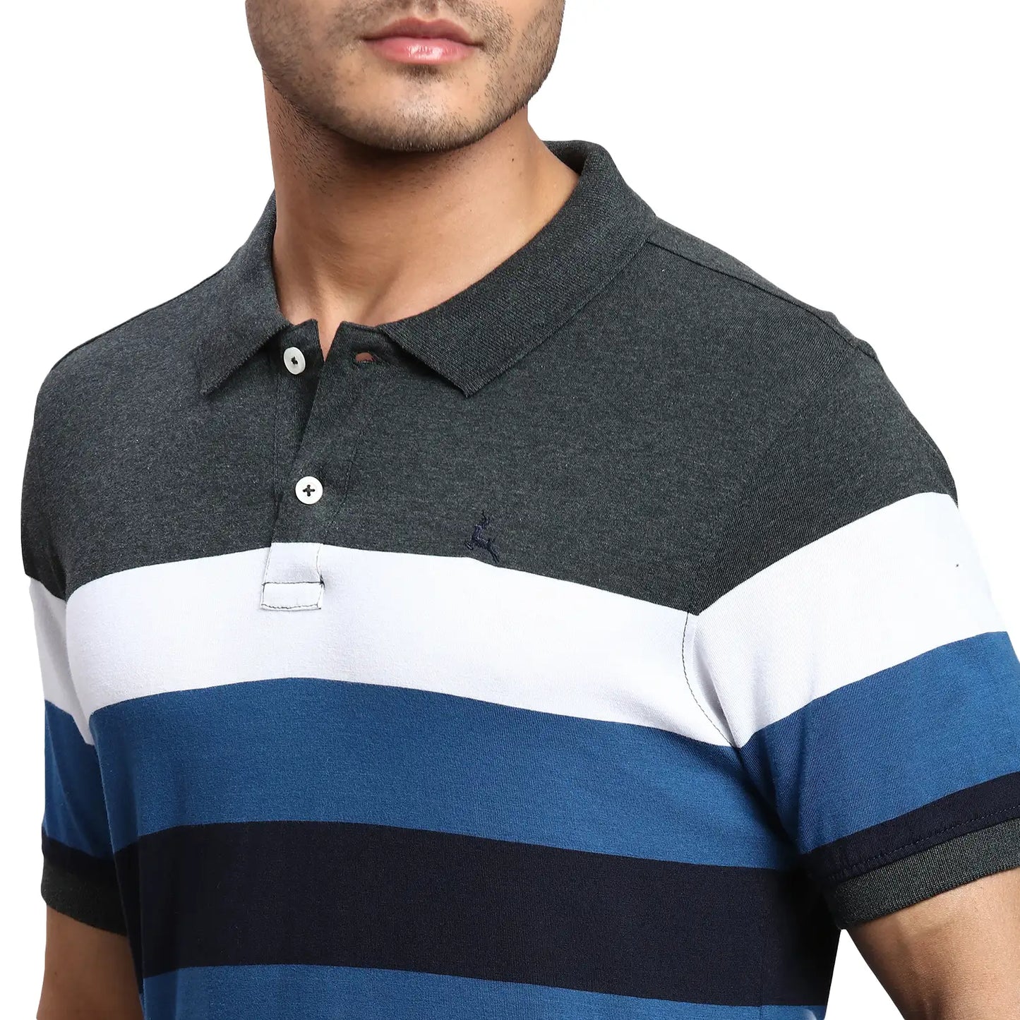 Men Grey Regular Fit Yarn Dyed Cotton Round Neck Collar Polo T-Shirt