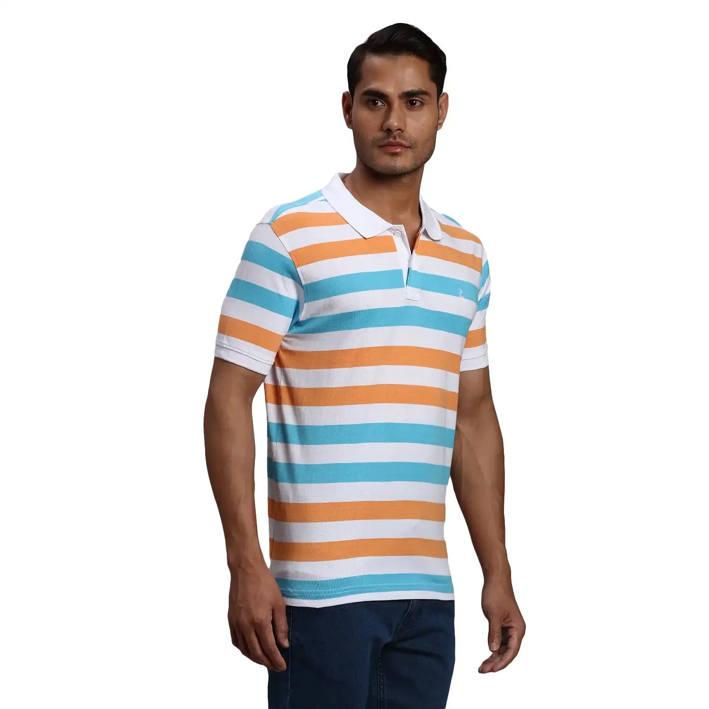 Men White Regular Fit Yarn Dyed Cotton Round Neck Collar Polo T-Shirt