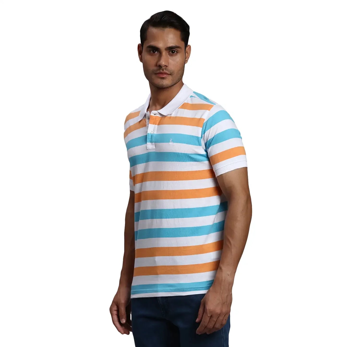 Men White Regular Fit Yarn Dyed Cotton Round Neck Collar Polo T-Shirt