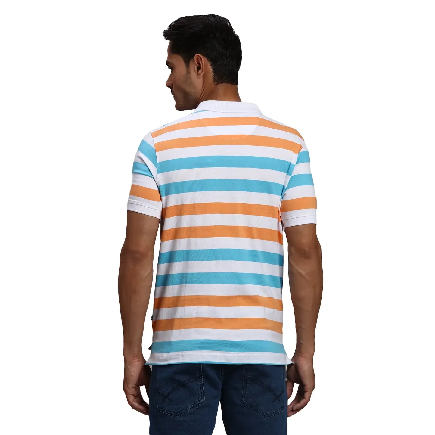 Men White Regular Fit Yarn Dyed Cotton Round Neck Collar Polo T-Shirt