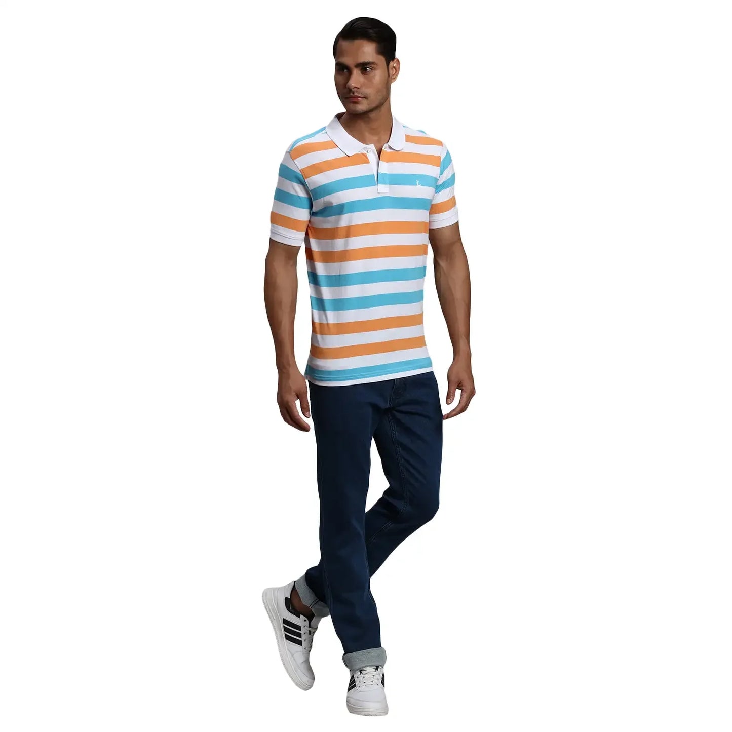 Men White Regular Fit Yarn Dyed Cotton Round Neck Collar Polo T-Shirt