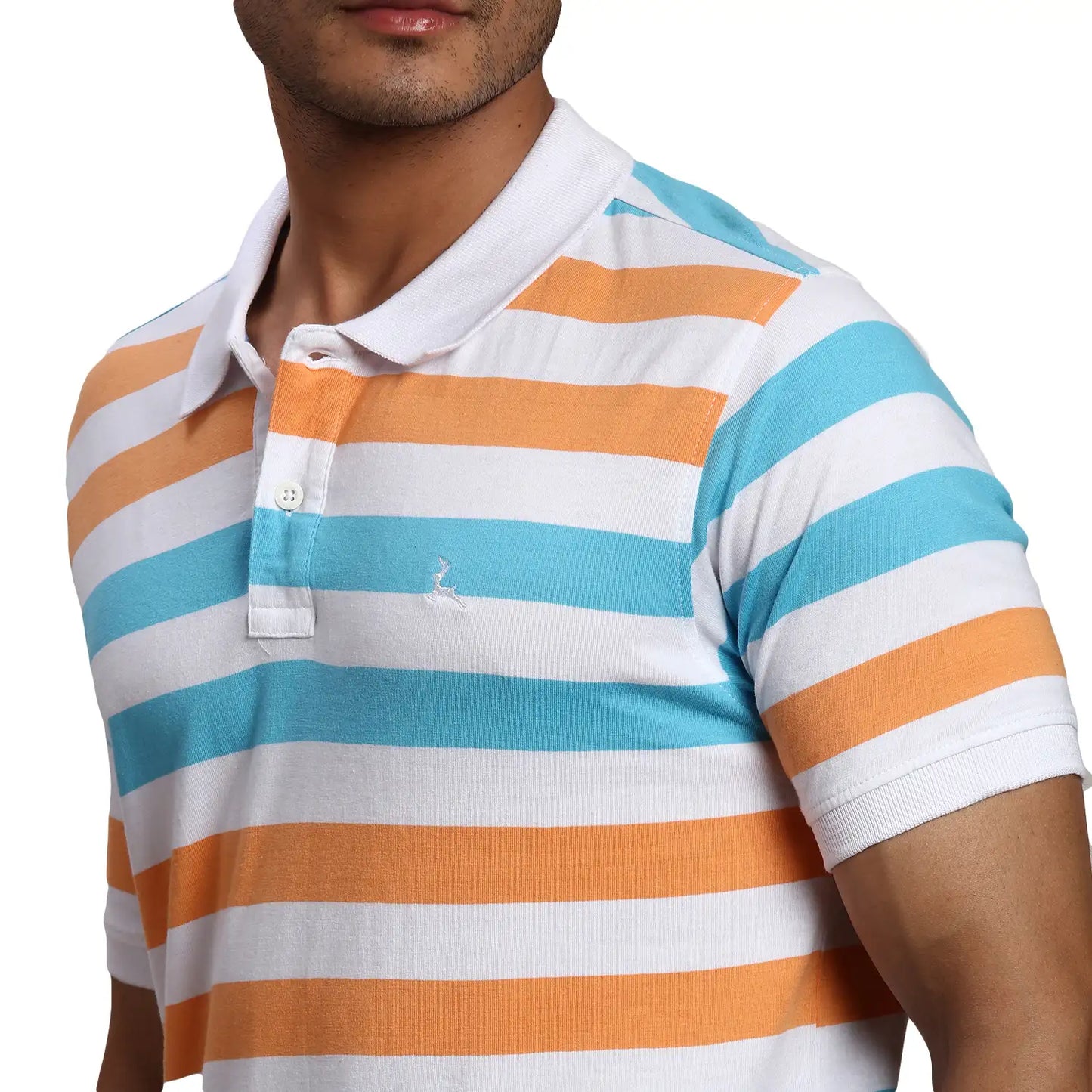 Men White Regular Fit Yarn Dyed Cotton Round Neck Collar Polo T-Shirt