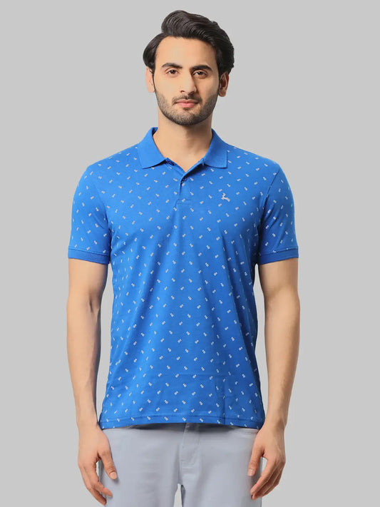 Men Blue Regular Fit Print Cotton Round Neck Collar Polo T-Shirt
