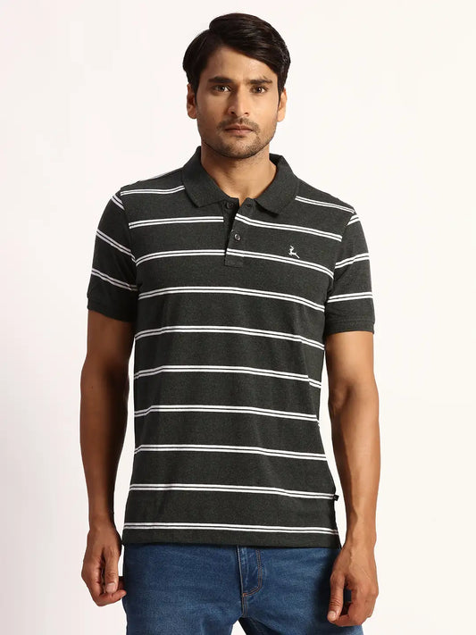 Men Grey Regular Fit Yarn Dyed Cotton Round Neck Collar Polo T-Shirt