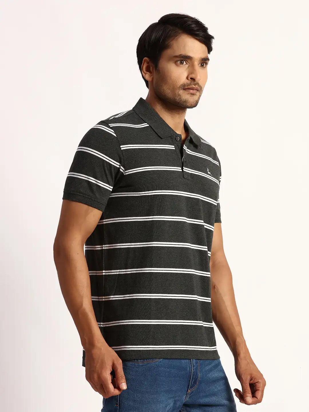 Men Grey Regular Fit Yarn Dyed Cotton Round Neck Collar Polo T-Shirt