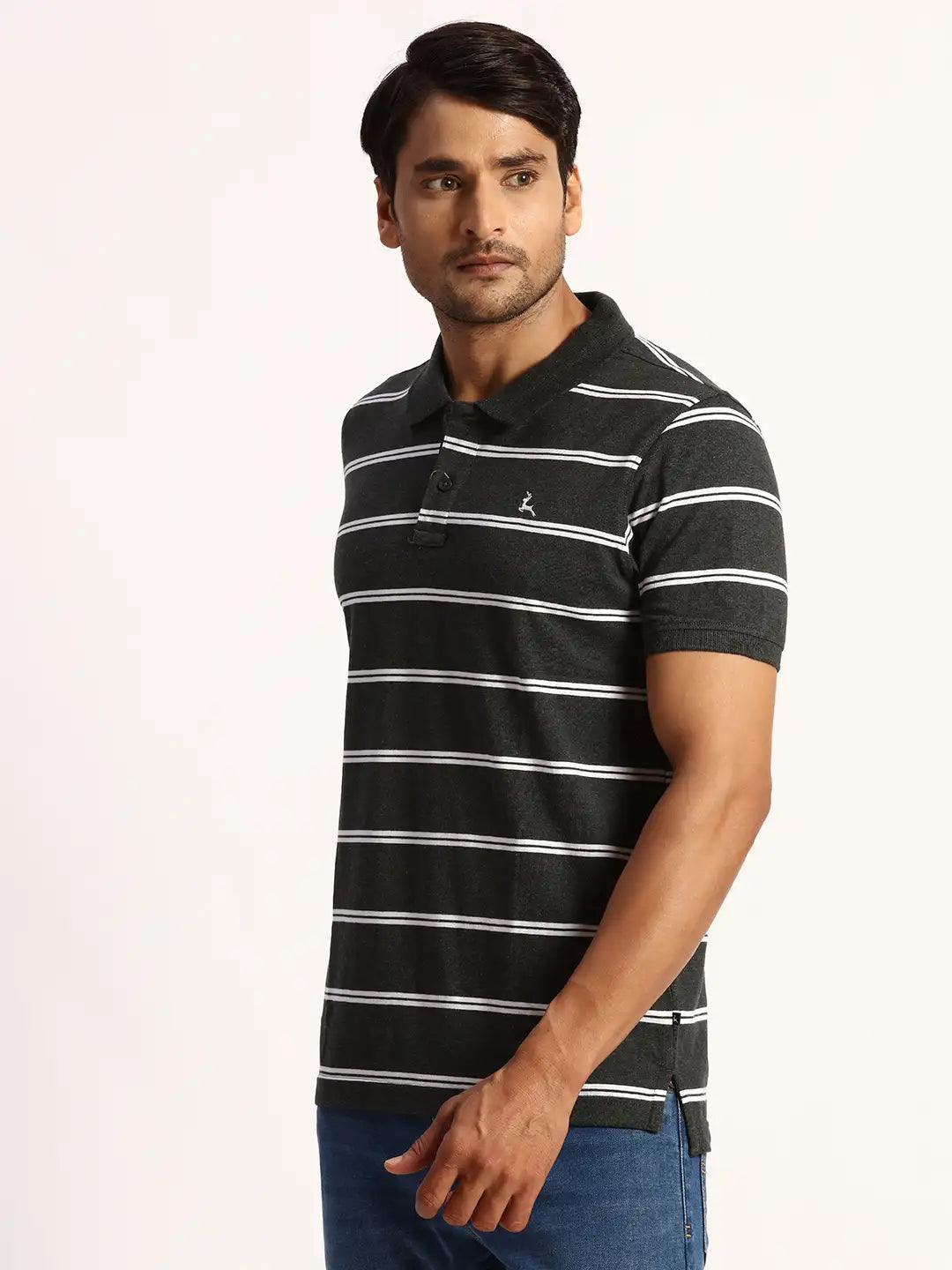 Men Grey Regular Fit Yarn Dyed Cotton Round Neck Collar Polo T-Shirt