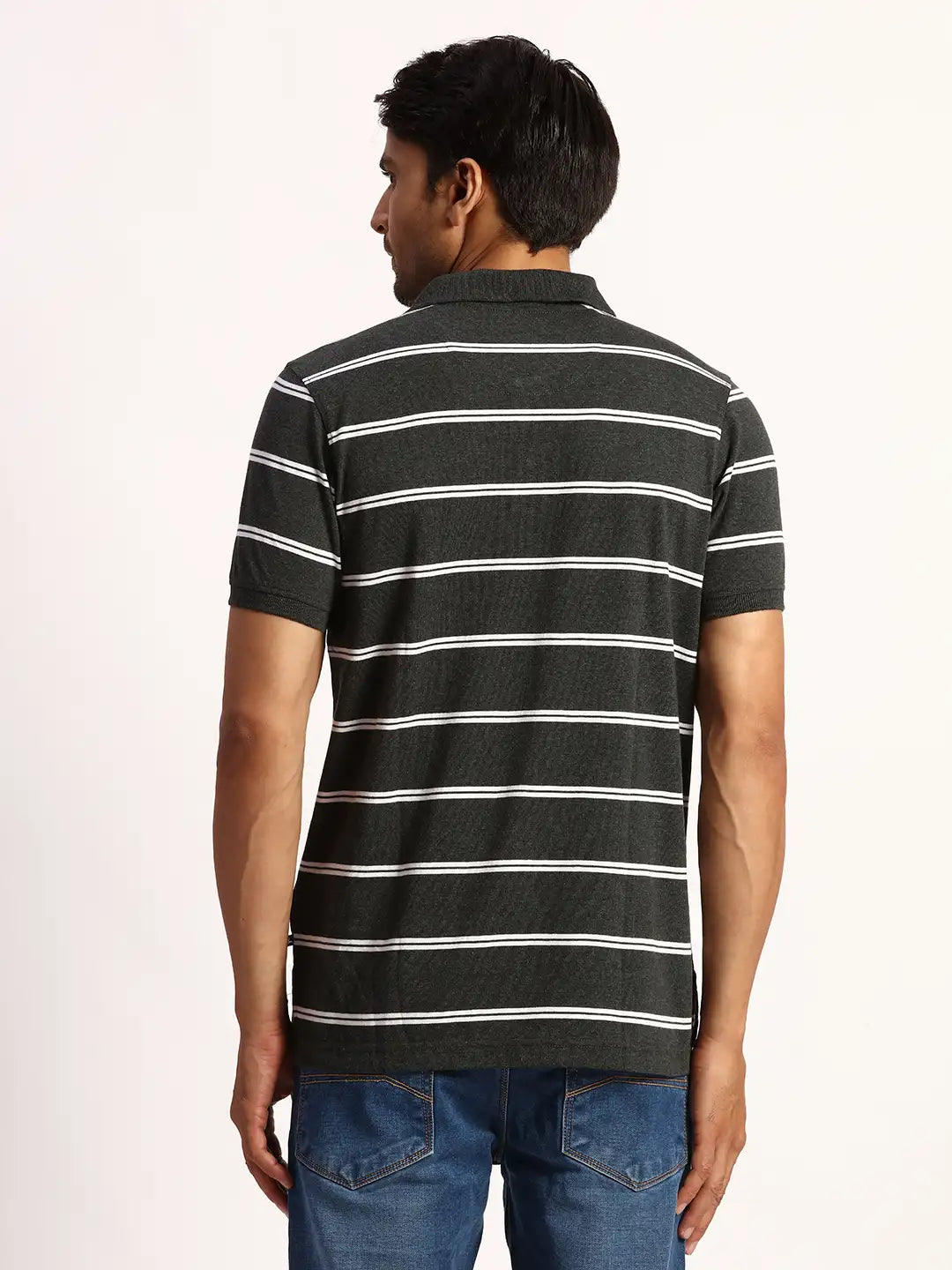 Men Grey Regular Fit Yarn Dyed Cotton Round Neck Collar Polo T-Shirt