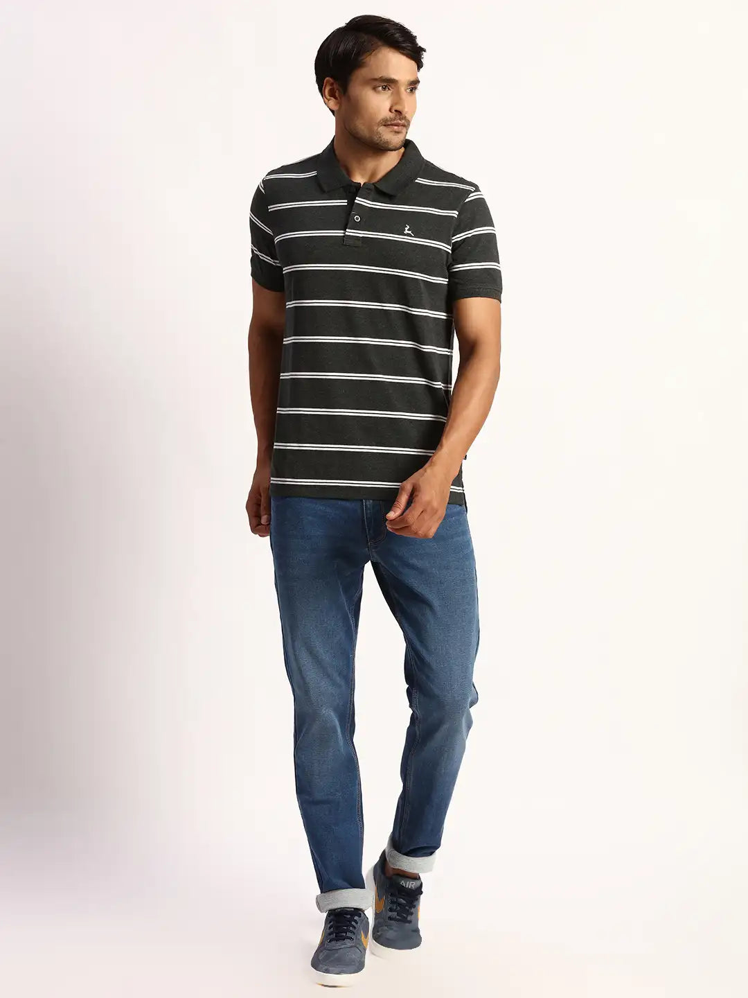 Men Grey Regular Fit Yarn Dyed Cotton Round Neck Collar Polo T-Shirt