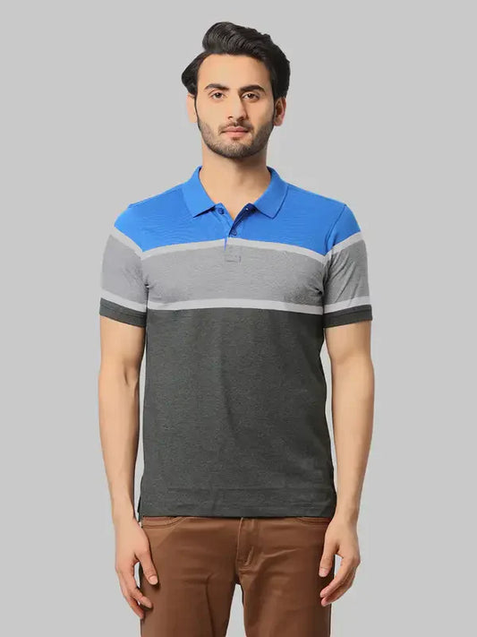 Men Blue Regular Fit Yarn Dyed Cotton Round Neck Collar Polo T-Shirt