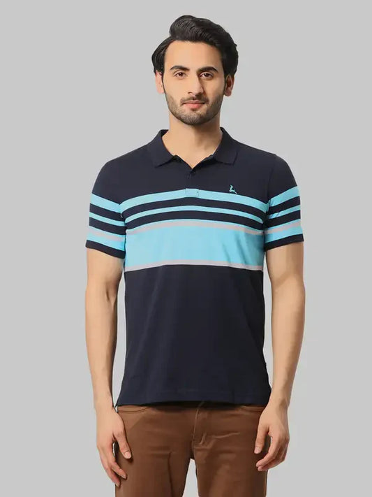 Men Blue Regular Fit Yarn Dyed Cotton Round Neck Collar Polo T-Shirt
